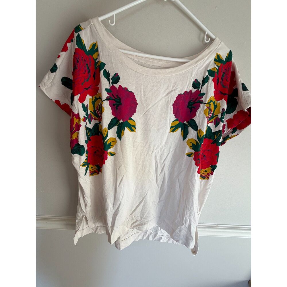 Anthropologie Rose-Printed Tee – Women's XL – Cream Floral T-Shirt